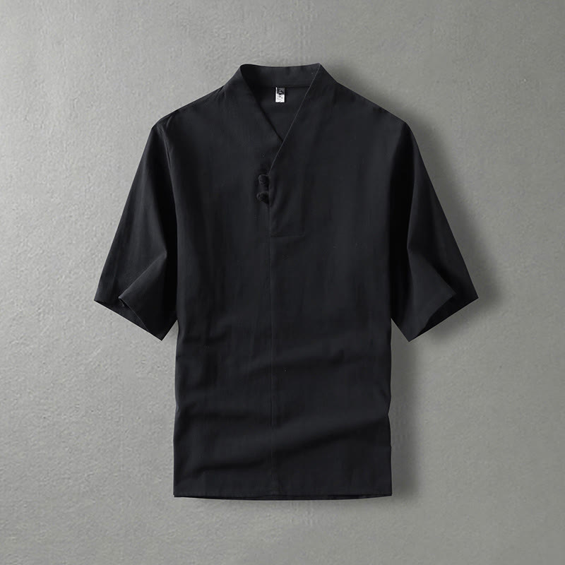 Casual Plain Color Two Buttons V-neck Three Quarter Sleeve Cotton Men's Shirt