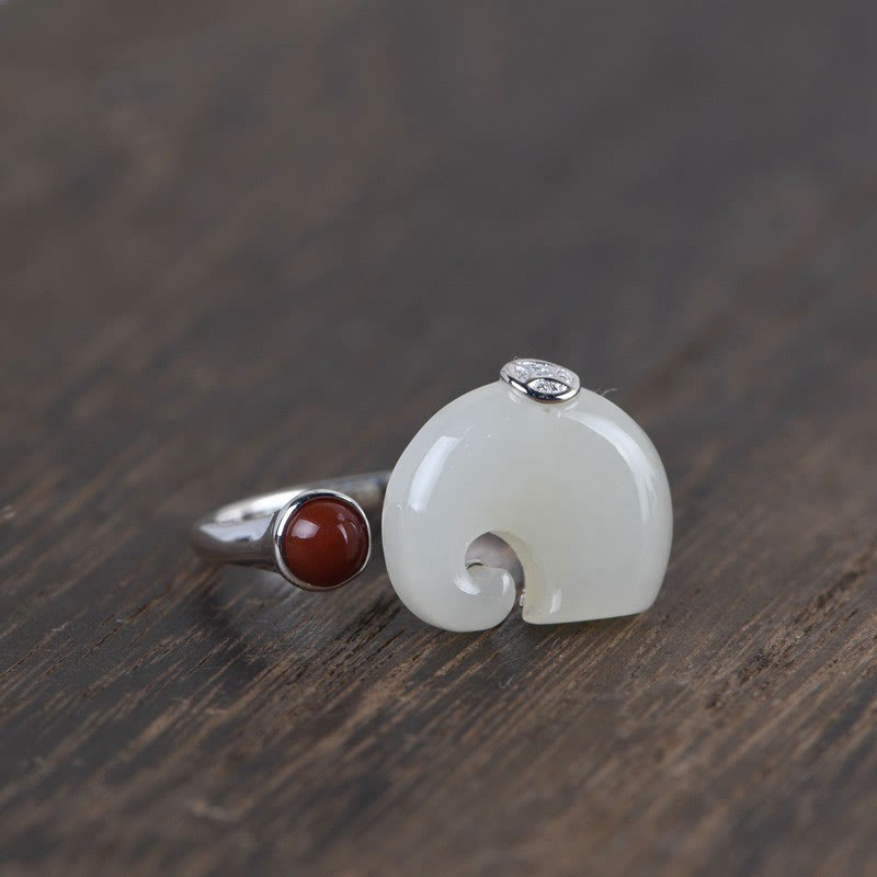 925 Sterling Silver Elephant Hetian Jade Abundance Necklace Pendant Bracelet Ring Earrings Set