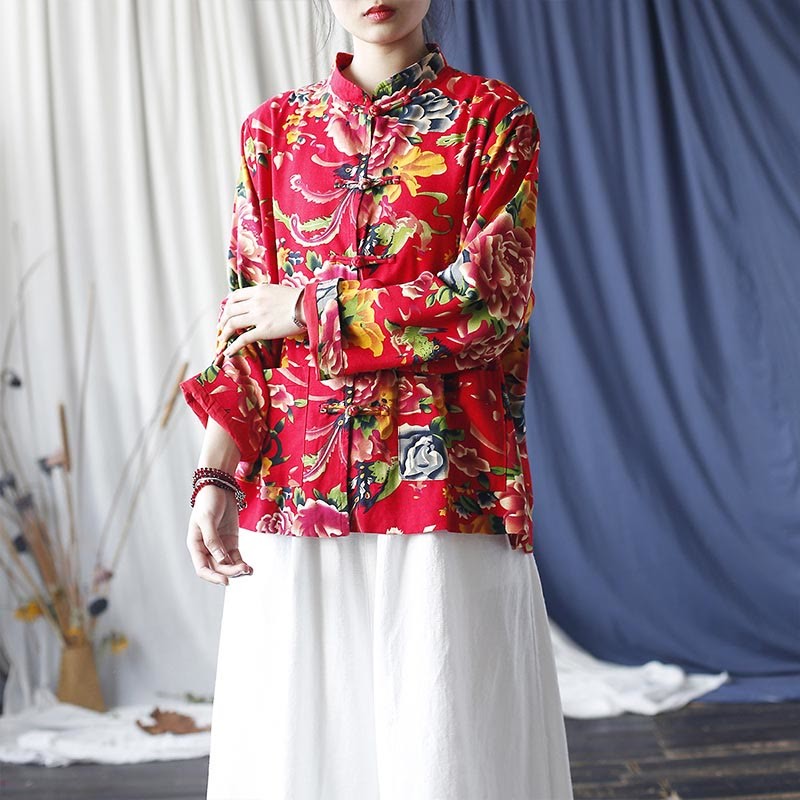 Ethnic Red Flower Peony Frog-Button Cotton Linen Long Sleeve Shirt Jacket With Pockets