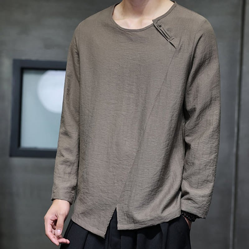 Fall Solid Round Neck Long Sleeve T-Shirt Cotton Men Clothing