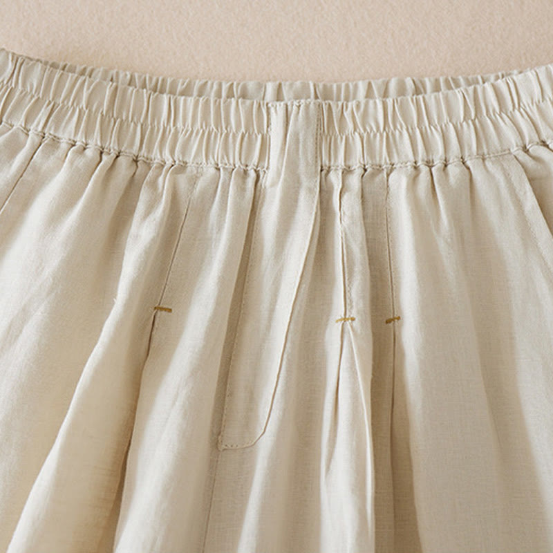 Casual Solid Plain Color Cotton Linen Women's Shorts With Pockets