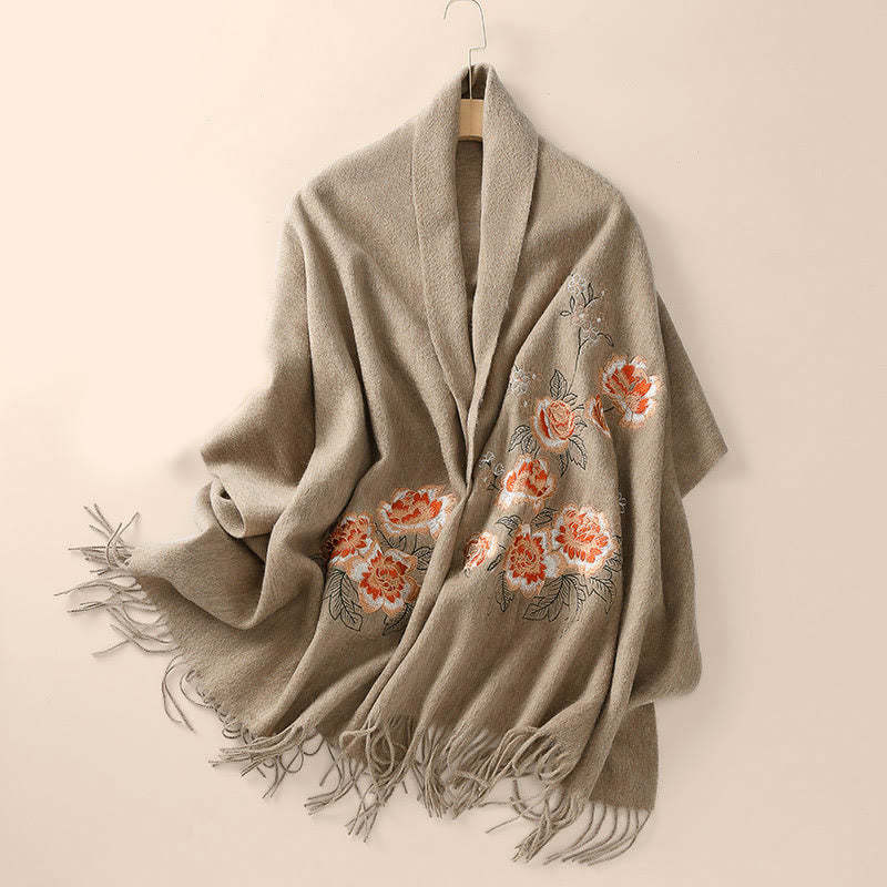 Wool Shawl Red Peony Embroidery Tassel Winter Cozy Travel Scarf Wrap