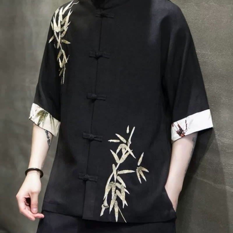 Men's Frog-Button Bamboo Linen Half Sleeve Shirt