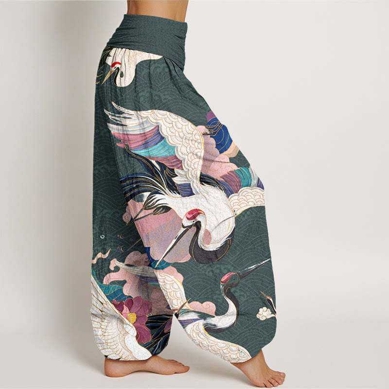 Red-crowned Crane Cloud Pattern Women's Elastic Waist Harem Pants