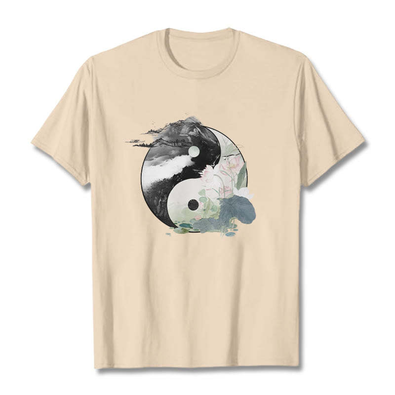 Yin Yang Lotus Leaf Ink Painting Cotton Tee T-shirt