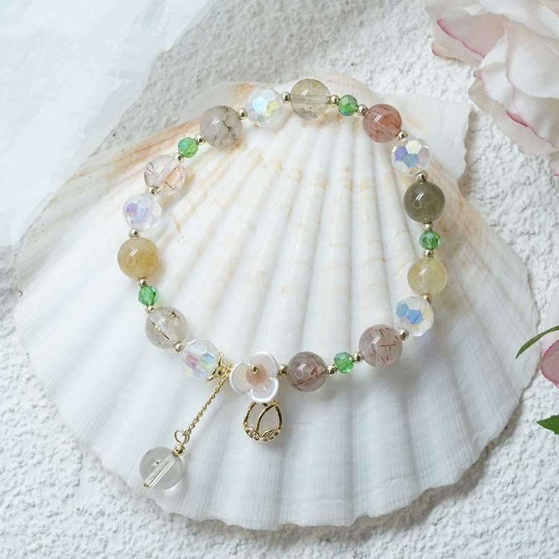 Strawberry Quartz Rutilated Quartz Fluorite Flower Healing Bracelet