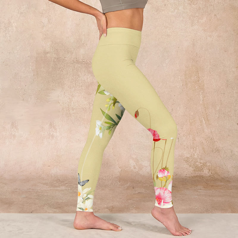 Flowers Plants Butterfly Print Fitness Leggings Women's Yoga Pants