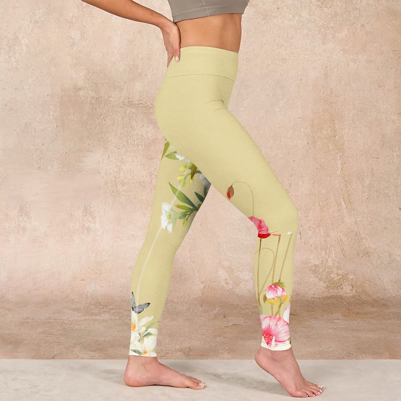 Flowers Plants Butterfly Print Fitness Leggings Women's Yoga Pants