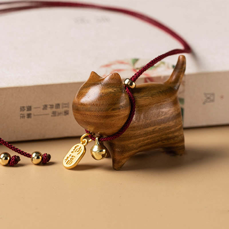 Ebony Wood Green Sandalwood Lucky Cat Fu Character Lucky Fortune Bell Balance Car Hanging Decoration
