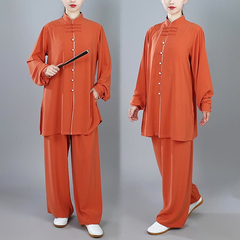 2Pcs Fall Solid Color Frog-Button Tai Chi Meditation Qigong Zen Practice Unisex Cotton Clothing Set