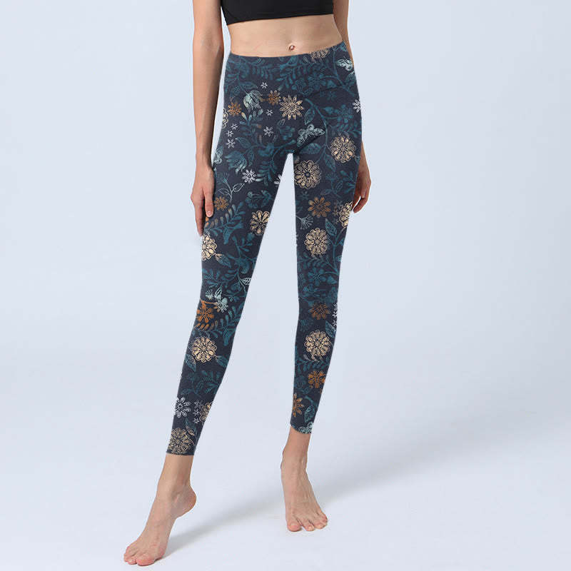 New York Aster Flowers Leaves Print Gym Fitness Leggings Women's Yoga Pants