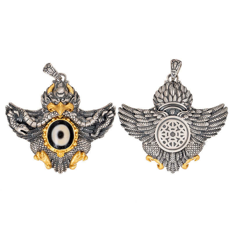 925 Sterling Silver Tibet Garuda Bird Dzi Bead Protection Necklace Pendant