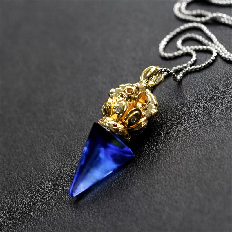 Tibetan Dorje Vajra 4 Prong Lotus Liuli Crystal Strength Necklace Pendant