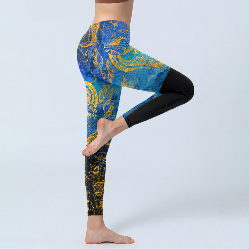 Black Snake Butterfly Flower Leaves Print Gym Leggings Women's Yoga Pants