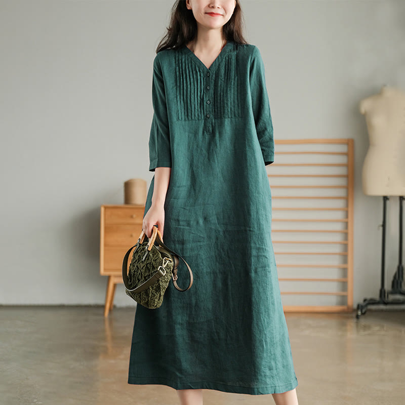 Casual Plain Accordion Pleats V-neck Half Sleeve Design Linen Midi Dress With Pockets