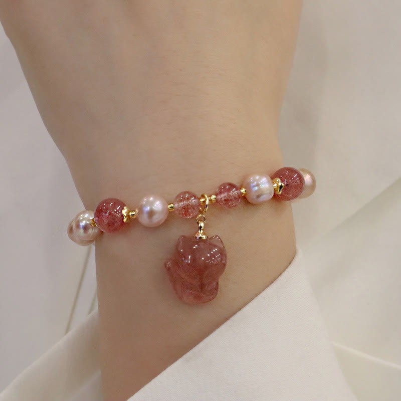 Natural Pearl Strawberry Quartz Cute Fox Love Healing Charm Bracelet