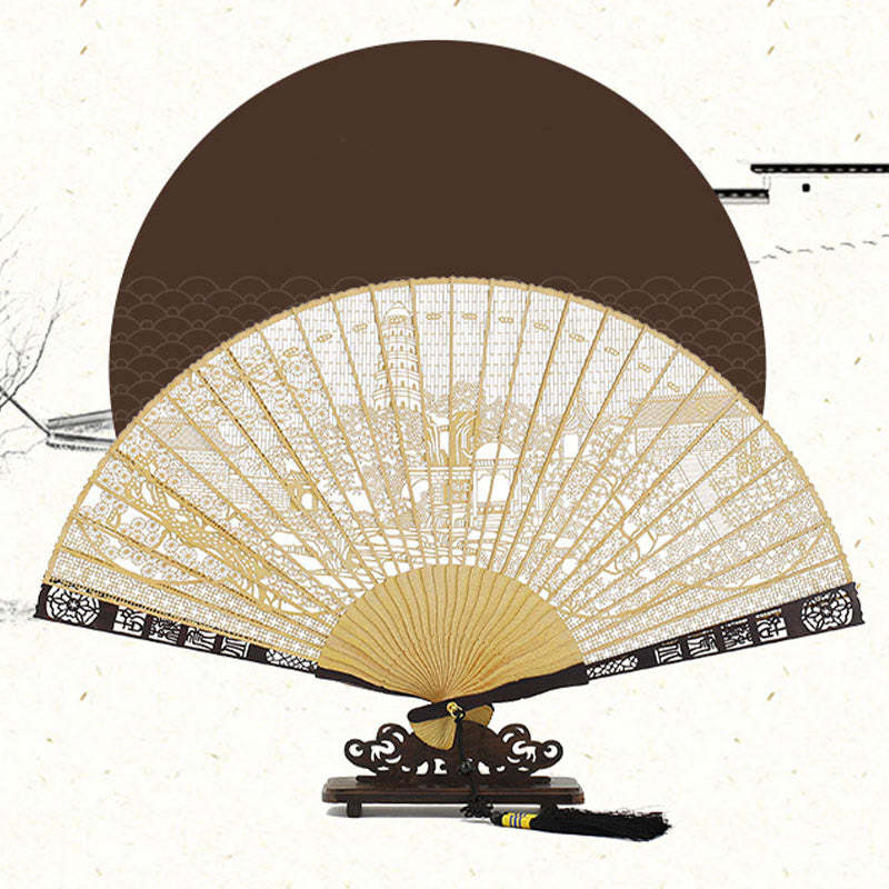 Hollow Carving Suzhou Garden Tiger Hill Pattern Handheld Burmese Wood Folding Fan