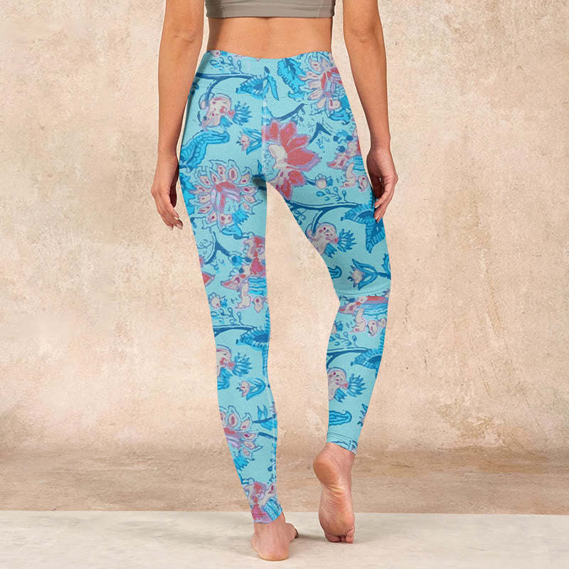 Blue Red Flowers Leaves Print Gym Leggings Women's Yoga Pants