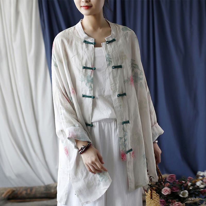 White Red Flowers Green Leaves Frog-Button Long Sleeve Ramie Linen Jacket Shirt