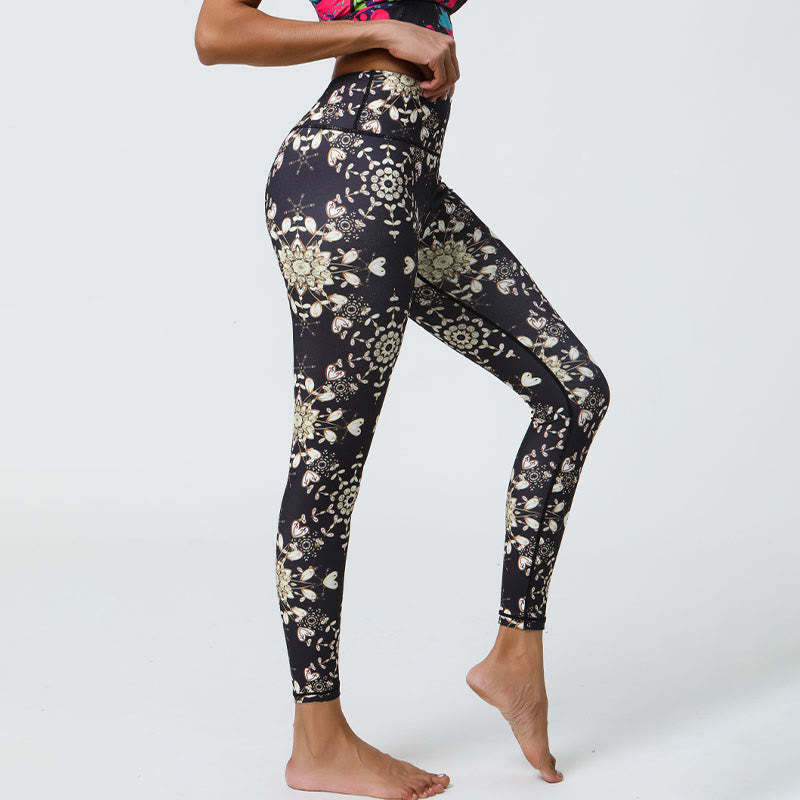 Flowers Geometric Mandalas Print Sports Fitness Yoga High Waist Leggings Women's Pants