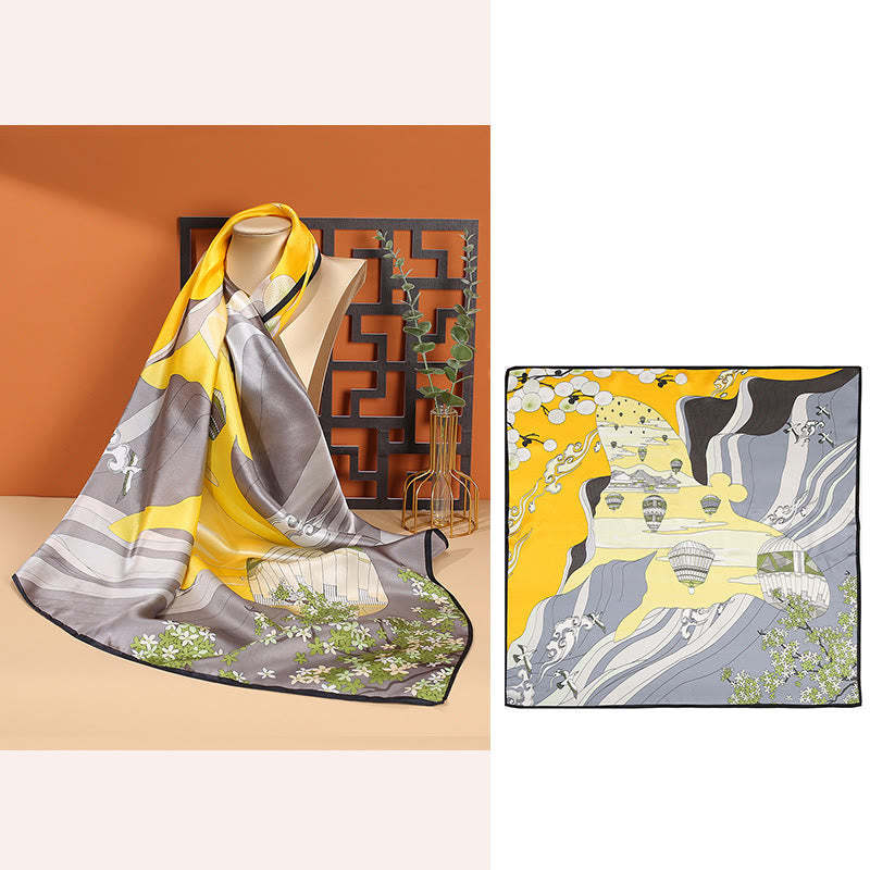 Pastoral Scene Hot Air Balloon Spring Blossom 100% Mulberry Silk Neck Hair Scarf