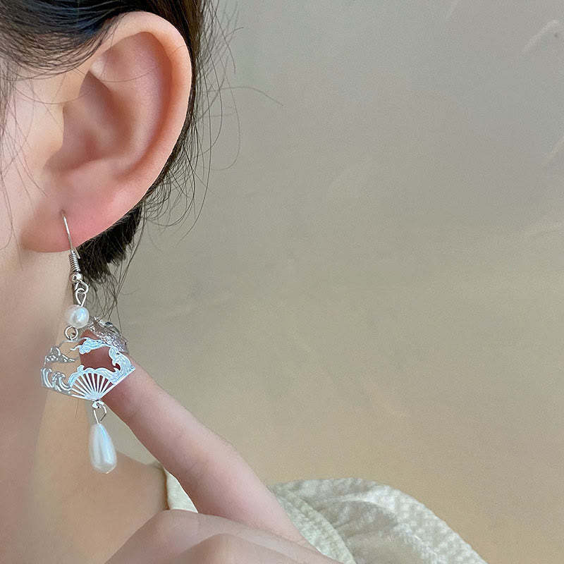 Copper Fan Auspicious Clouds Pearl Healing Drop Earrings