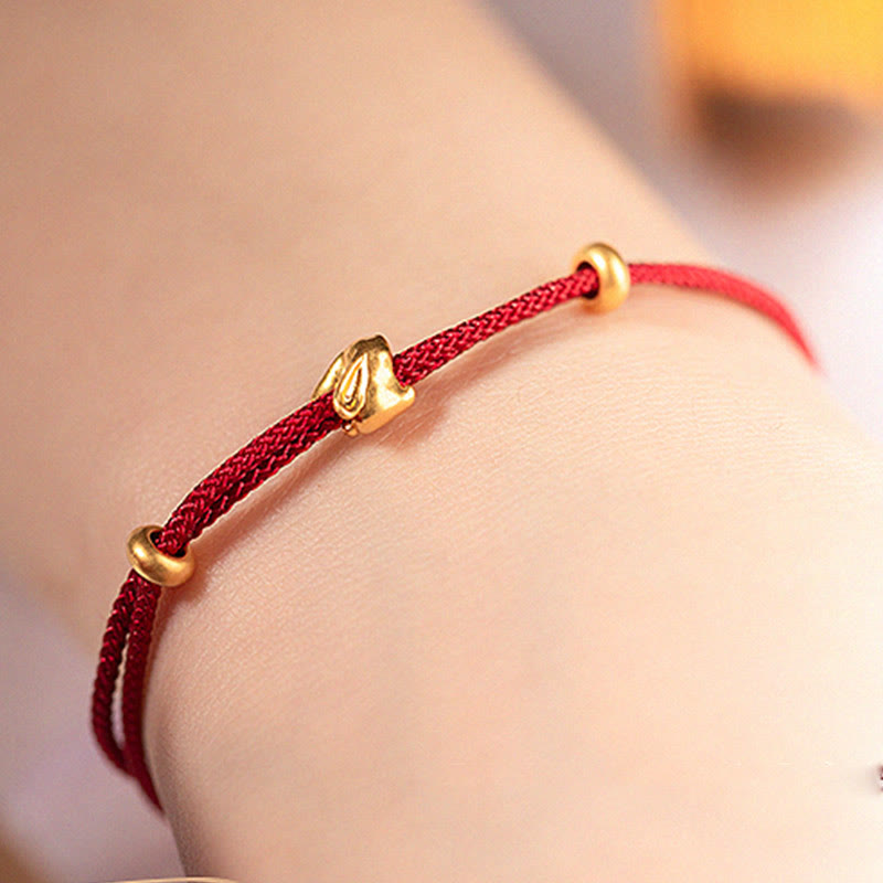 999 Gold Small Lucky Rabbit Osmanthus Design Handmade Luck?Braided Rope Bracelet