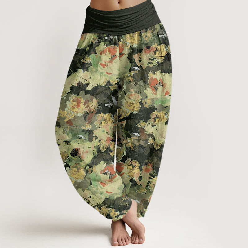 Rose Flowers Pattern Women's Elastic Waist Harem Pants
