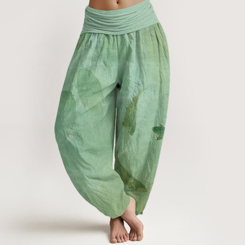 Koi Fish Leaves Pattern Women's Elastic Waist Harem Pants