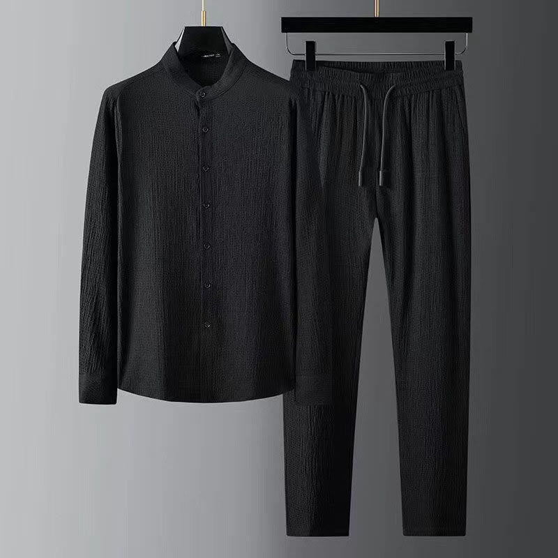Pure Color Long Sleeve Top Pants Clothing Men's Set