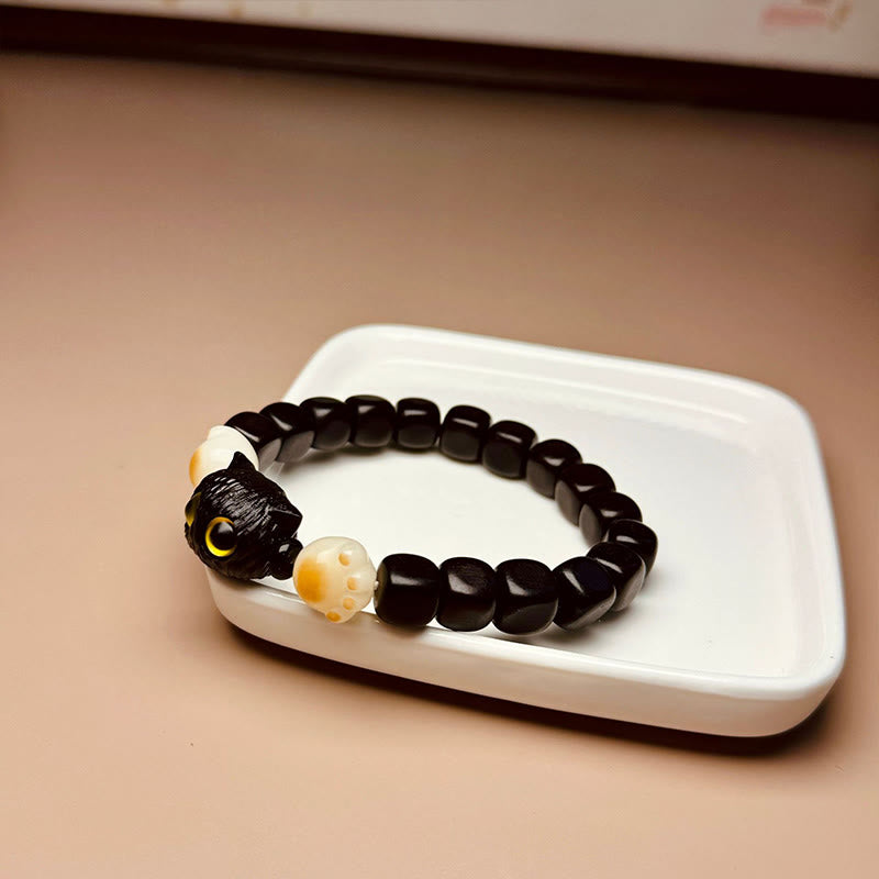 Ebony Wood Cute Cat Bodhi Seed Paw Claw Peace Bracelet