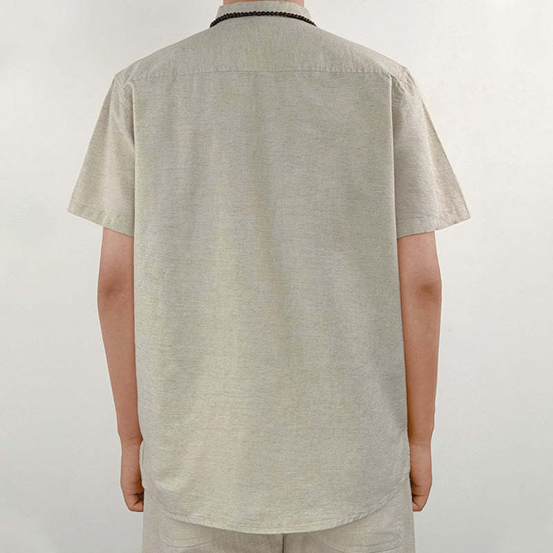 Solid Color Men Short Sleeve Button Linen Shirt