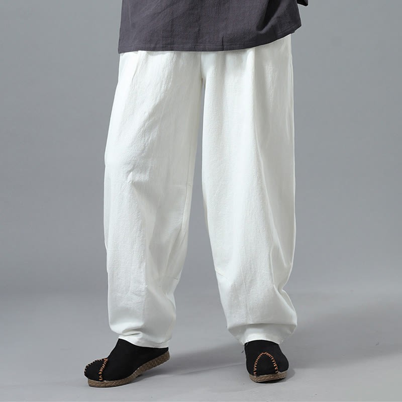 Casual Solid Color Drawstring Cotton Linen Men's Pants With Pockets