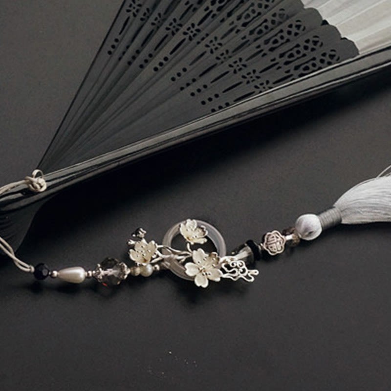 Ink Gradient Hollow Rib Plum Bossom Tassel Silk Handheld Bamboo Folding Fan