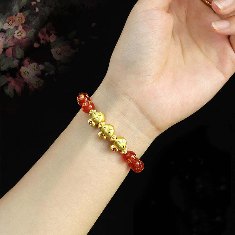 Red Agate Black Onyx Bead Copper Year Of The Snake Fu Character Om Mani Padme Hum Happiness Bracelet