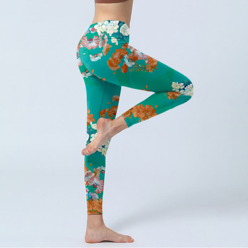 Green Orange Beige Floral Print Gym Leggings Women's Yoga Pants