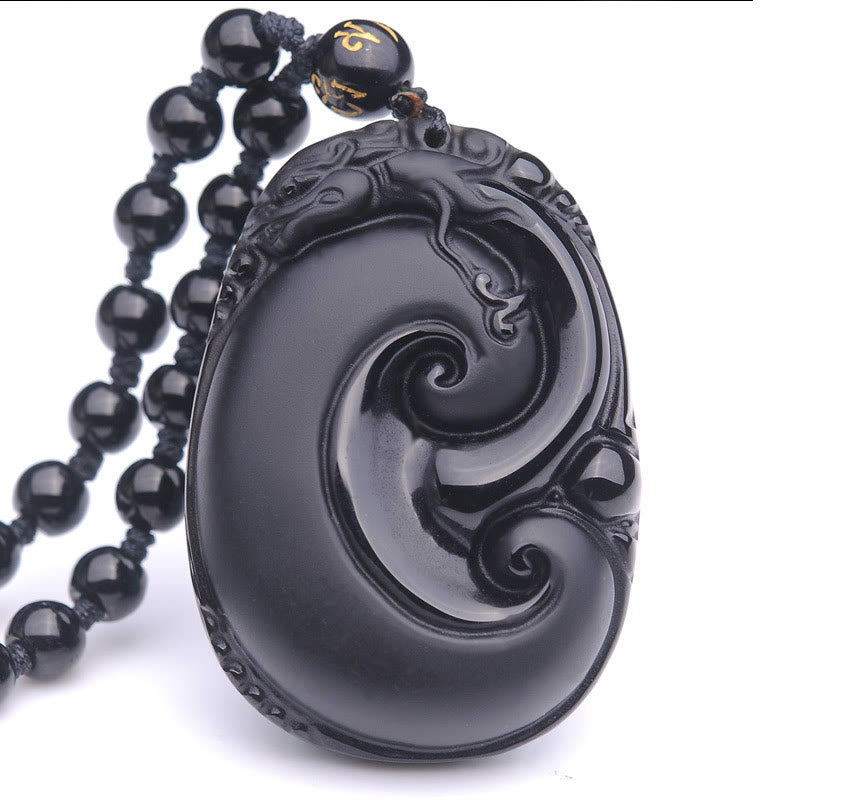 Natural Black Obsidian PiXiu Oval Pattern Strength Necklace Pendant