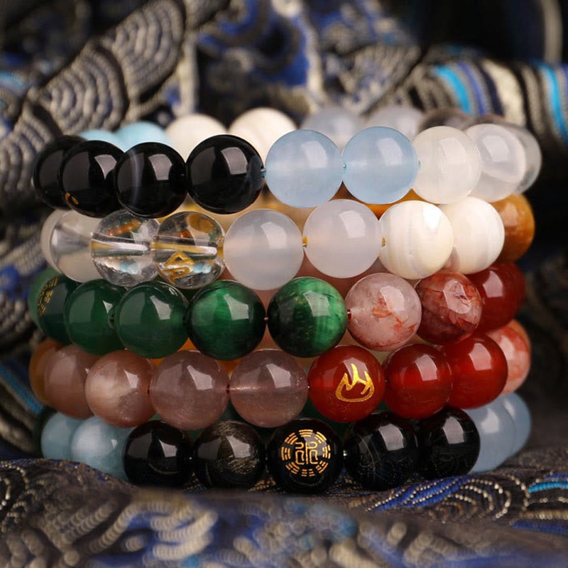 Five Elements Various Agate Crystal Black Onyx Green Chalcedony Aquamarine Wisdom Bracelet