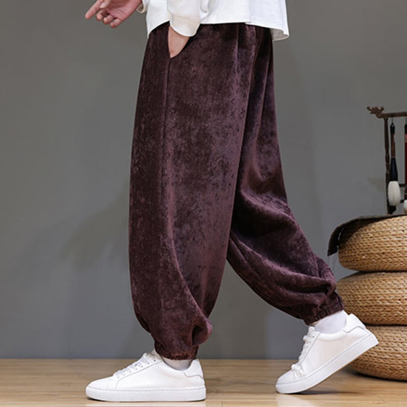 Fall Winter Men's Drawstring Chenille Harem Pants With Pockets