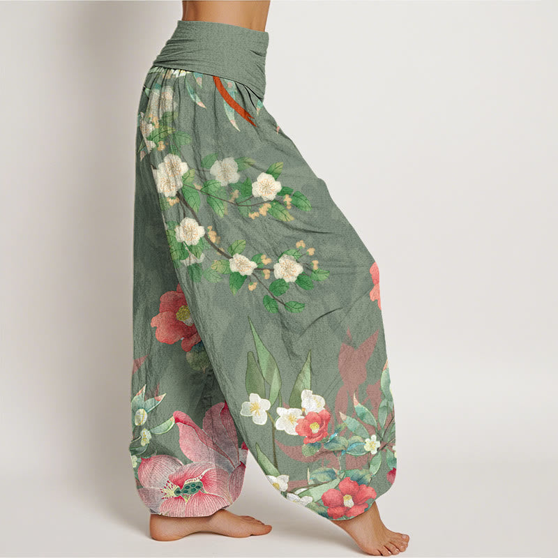 Vibrant Blooming Lotus Flower Lush Branches Women's Elastic Waist Harem Pants