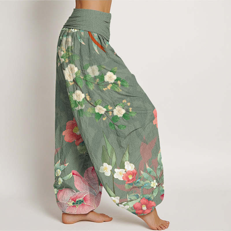 Vibrant Blooming Lotus Flower Lush Branches Women's Elastic Waist Harem Pants