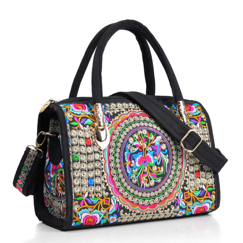 Money Tree Peony Camellia Double-Sided Embroidery Canvas Shopping Purse Handbag Crossbody Bag