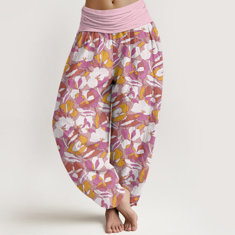 Floral Leaf Design Women's Elastic Waist Harem Pants