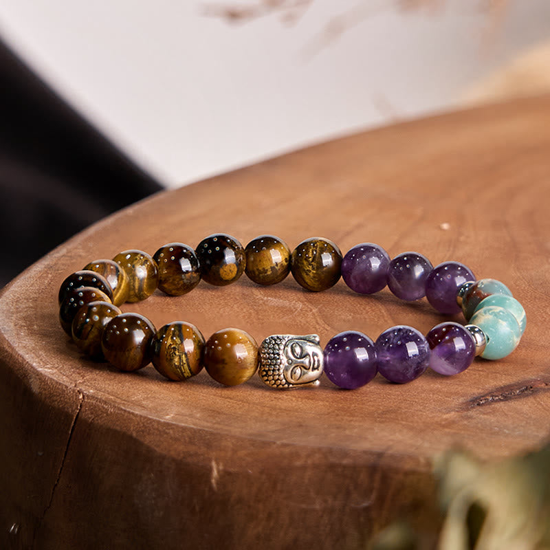 Natural Black Onyx White Stone Green Aventurine Tiger Eye Agate Mixed Color mystic zen Head Protection Bracelet