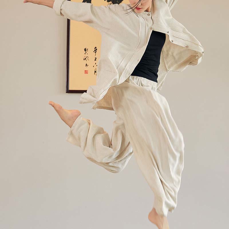Plain Long Sleeve Coat Jacket Top Wide Leg Pants Zen Tai Chi Yoga Meditation Clothing