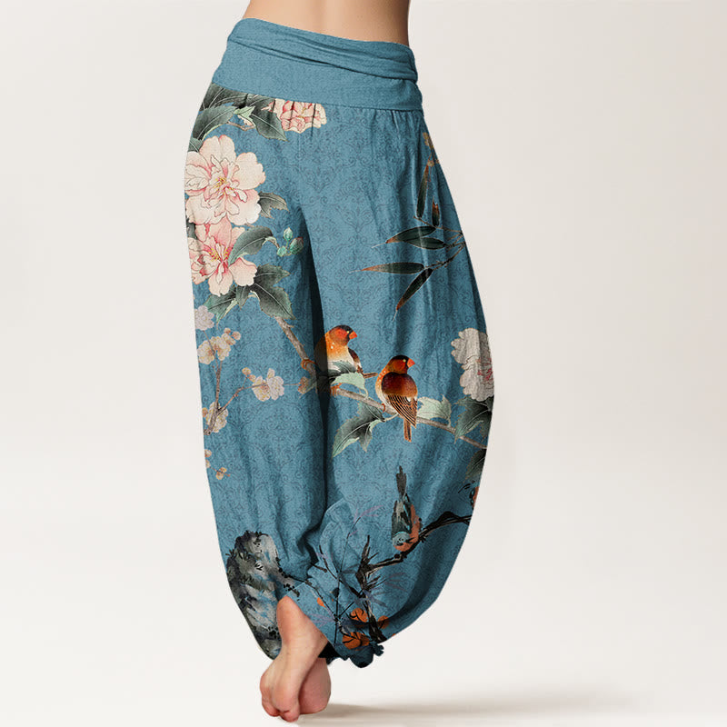 Warbler Bird Blooming Flower Branches Mandala Pattern Women's Elastic Waist Harem Pants