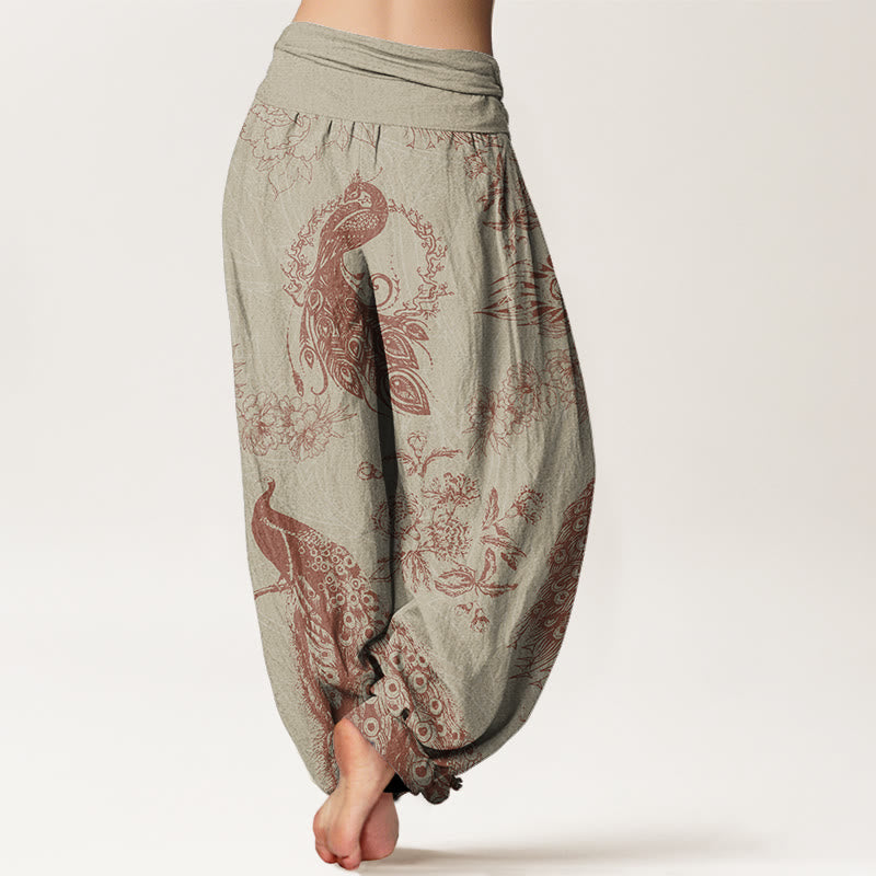 Casual Peacock Peony Flower Women's Elastic Waist Harem Pants