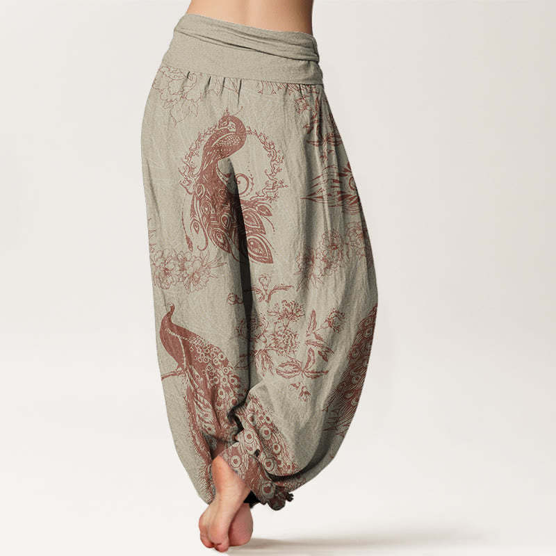 Casual Peacock Peony Flower Women's Elastic Waist Harem Pants