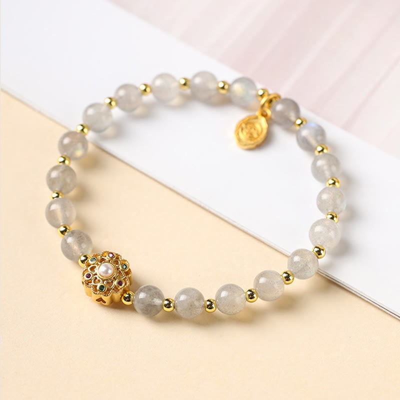 14K Gold Plated Natural Strawberry Quartz Labradorite Sun Stone Fu Character Positive Charm Bracelet