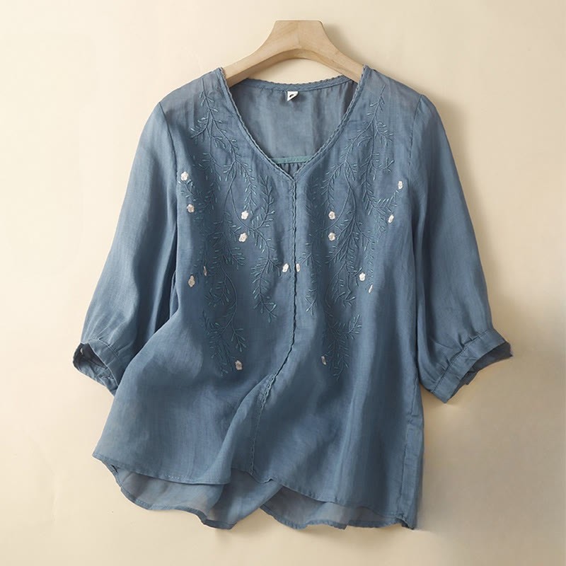Summer Casual Flower Branches Embroidered Pattern V-Neck Half Sleeve Cotton Linen Women's T-shirt